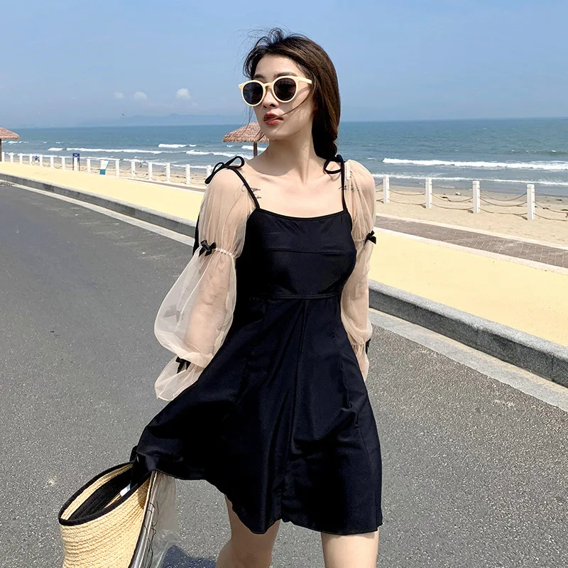 2021 New Conservative Skirt Swimsuit Female Covering Thin Chest Foreign Trade Half Long Sleeve Hot Spring Vacation Swimwear