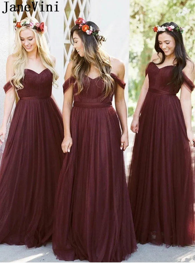 

JaneVini Off Shoulder Burgundy Bridesmaid Dresses Long Tulle A Line Women Formal Wedding Party Dress Maid of Honor Gowns 2021