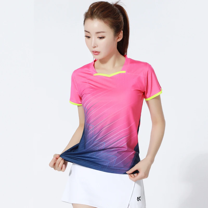 Camisa de badminton de manga curta respirável para mulheres, tênis de mesa, secagem rápida, corrida esportiva, treinamento, mulheres, jogo Tee