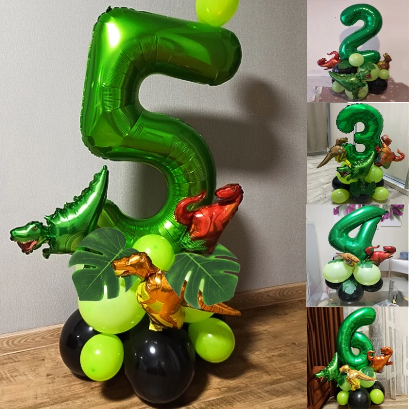 21pcs Dino Jungle Party Balloon Supplies Kids 1st Birthday Party Numbers Balloons Tropical Palm Leaf Dinosaur Baby Shower Decor