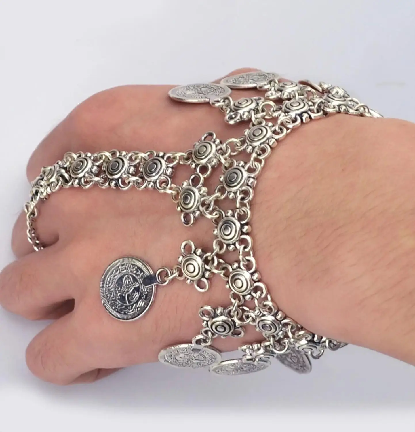 الغجر القبلية العرقية الأفغانية عملة شرابة سوار Charm للنساء الرجال الرجعية إصبع سحب أساور تركيا باكستان الهندي مجوهرات