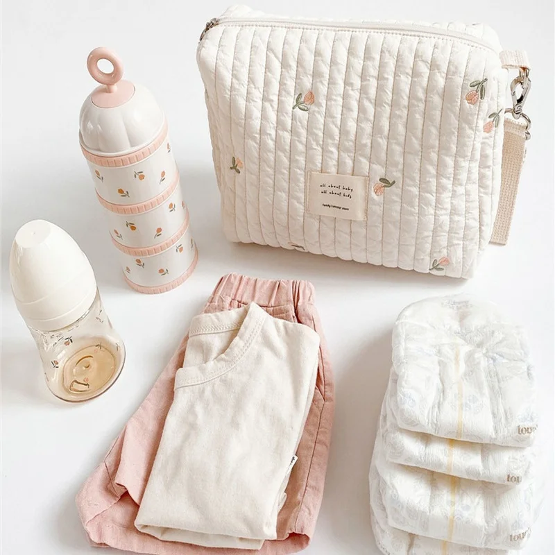 Sac à couches portable brodé ours pour bébé, rangement de couches, sacs de caddies pour poussette, trousse de toilette pour la colonne vertébrale