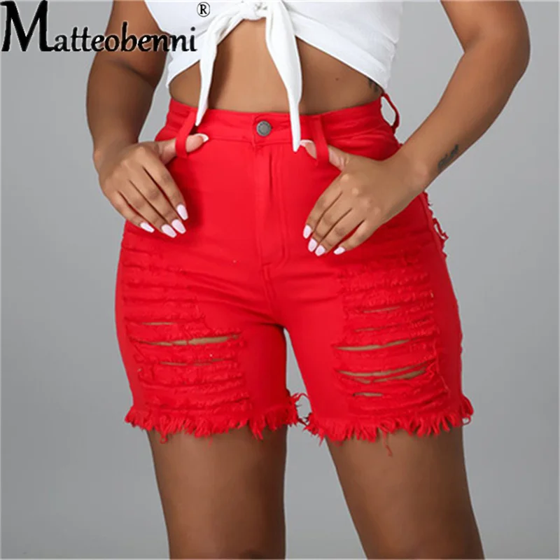 2021 Blue Ripped Cut Out Denim Shorts With Tassel Women Streetwear High Waist Hollow Out Sexy Hole Jean Shorts Female