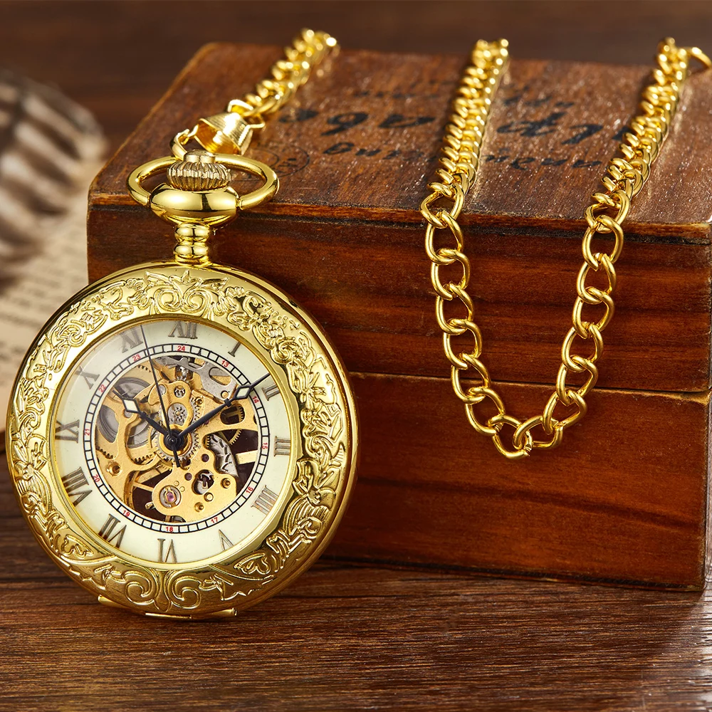 Gold Pocket Watch Men Steampunk Mechanical Female Watches Roman Numerals Vintage Style Pattern Case Necklace Pendant 2021
