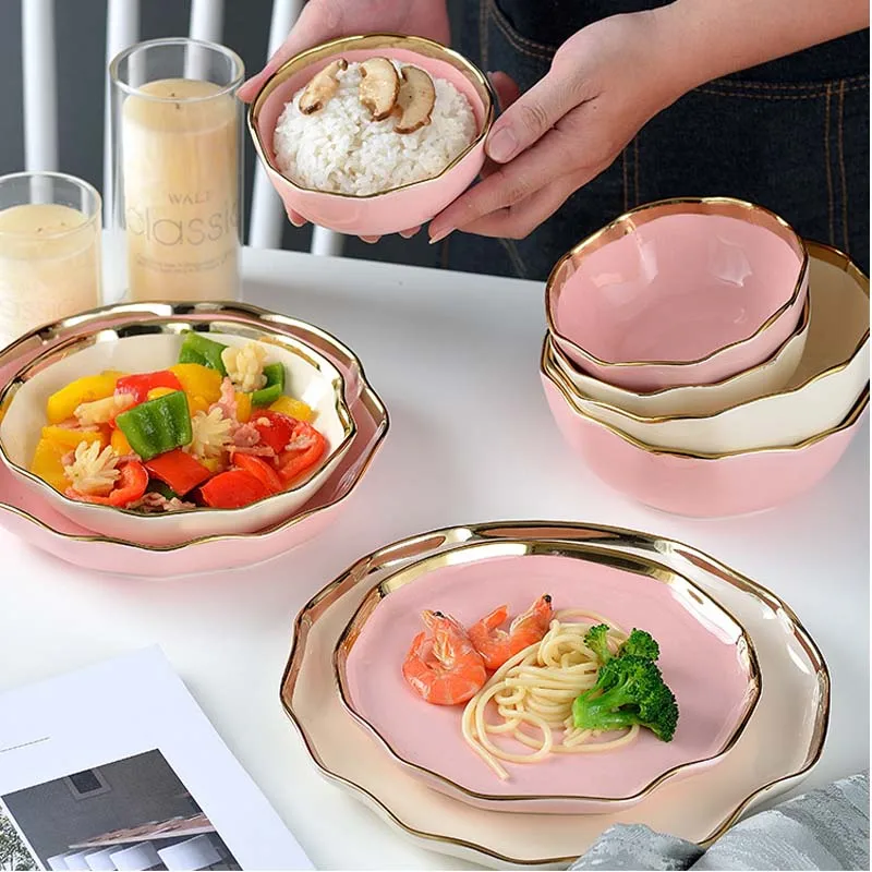 1pc Pink Marble Ceramic Dinner Dish Plate Rice Noodles Salad  Bowl Soup Plates fruit Dinnerware Sets Home Tableware Kitchen Cook