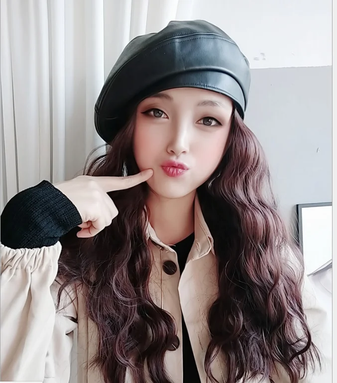 

Beret Women Spring Autumn Wig Hat Detachable Large Wave Long Hair Wool Foll Integrated Large Head Circumference Black Brown