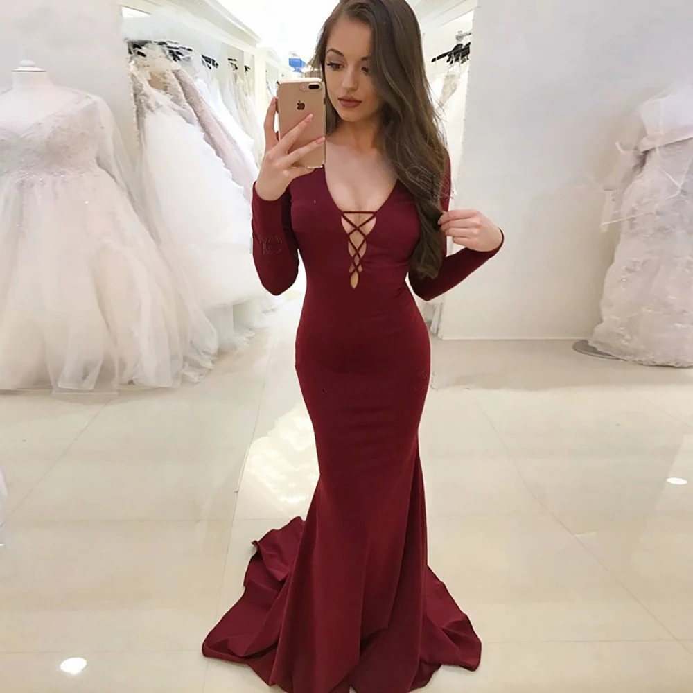 

New Simple Long Sleeve Dress Party Open Back Cheap Evening Dress ballkleider lang Elastic Burgundy Mermaid Prom Dresses