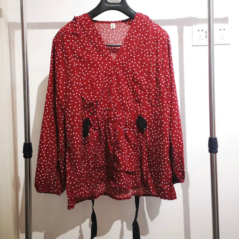 

Spring Autumn Women Wine Red Polka Dot Chiffon Blouses V-Neck Bishop Sleeve Back Knotted Adjustable Waist Design Top