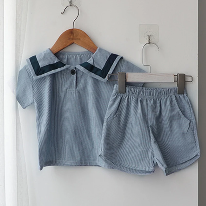 

Summer Newborn Baby Girls Boys Clothing Set Korean Style Navy Collar Short Sleeve T-shirt+Shorts Set Kids Clothing Suit