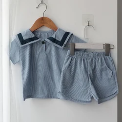 Summer Newborn Baby Girls Boys Clothing Set Korean Style Navy Collar Short Sleeve T-shirt+Shorts Set Kids Clothing Suit