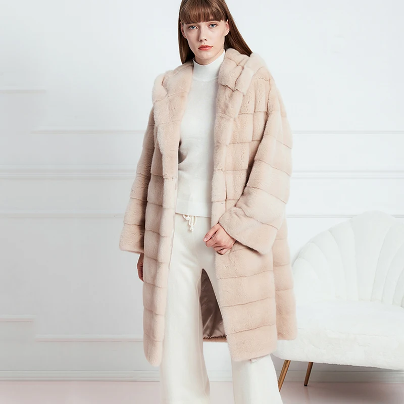 Ftangaiur Winter Copenhagen Import Velvet Mink Fur Coats Women With Hood Jackets Women's X-Long Slim Real Mink Fur Coats