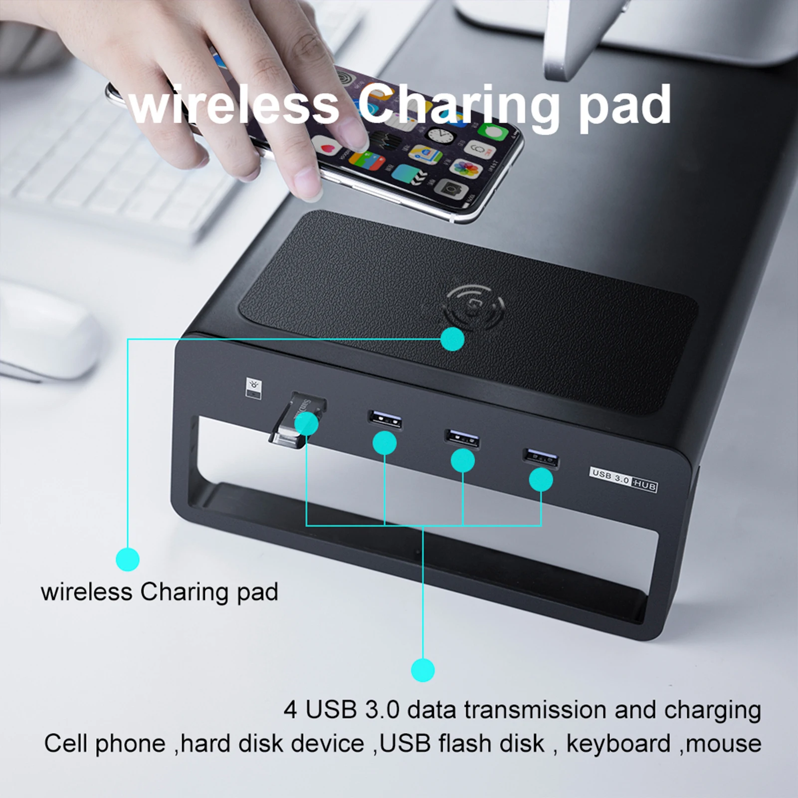 Soporte de Monitor de aluminio, elevador USB 3,0, carga inalámbrica, transferencia de datos y carga, escritorio de almacenamiento de teclado y ratón