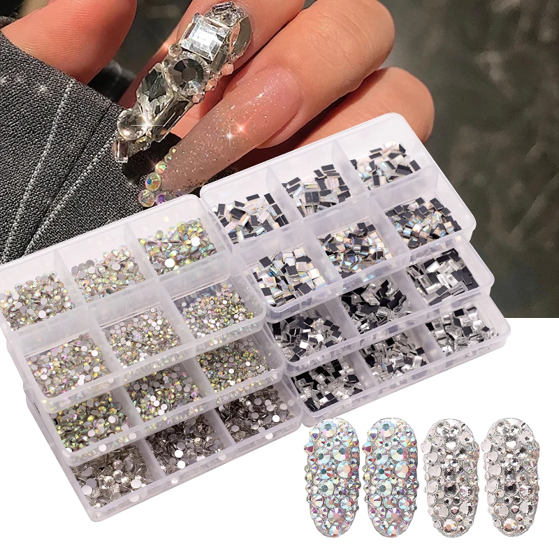 

1 Box New Multi-Size Nail Rhinestones Glass Gems 3D Crystal AB Color Clear DIY Silver Rivet Rhinestone Nail Art Decorations