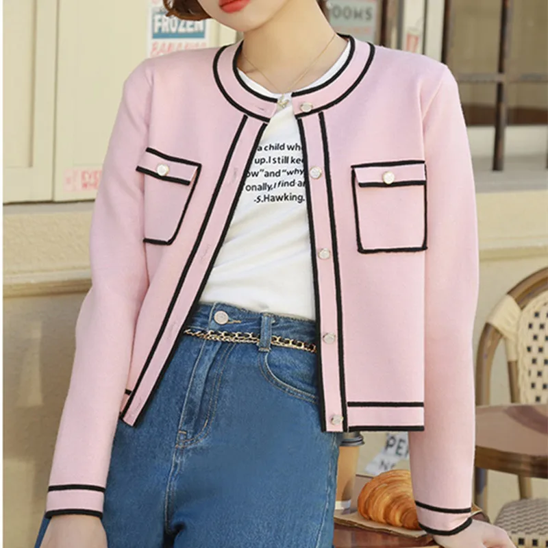 Runway Pink Cardigan Crop Top Luxury Cropped Cardigan Women Round Neck Single Breasted Knitted Cardigan Short Sweater Coat