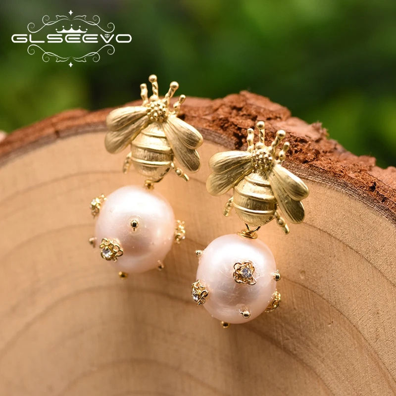 Bee And  With Natural Pearls Pearl Earrings 18K Gold Plated Jewelry Korean Designer Jewelry Earrings Gifts For Girlfriend