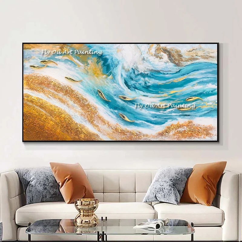 Sea Painting Yellow 100% Handmade Large Wall Art Orange Abstract Oil Painting Blue Sea Level Oil Painting Large Ocean Canvas