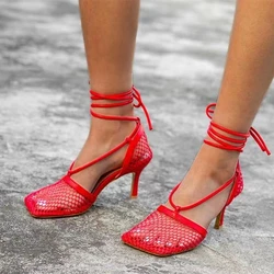 2020 Latest Designed T-Strap Breathable Fishnet Shoes Sandals Women Square toe Lace Up Sexy Sandals Heeled Dress Shoes Size 44