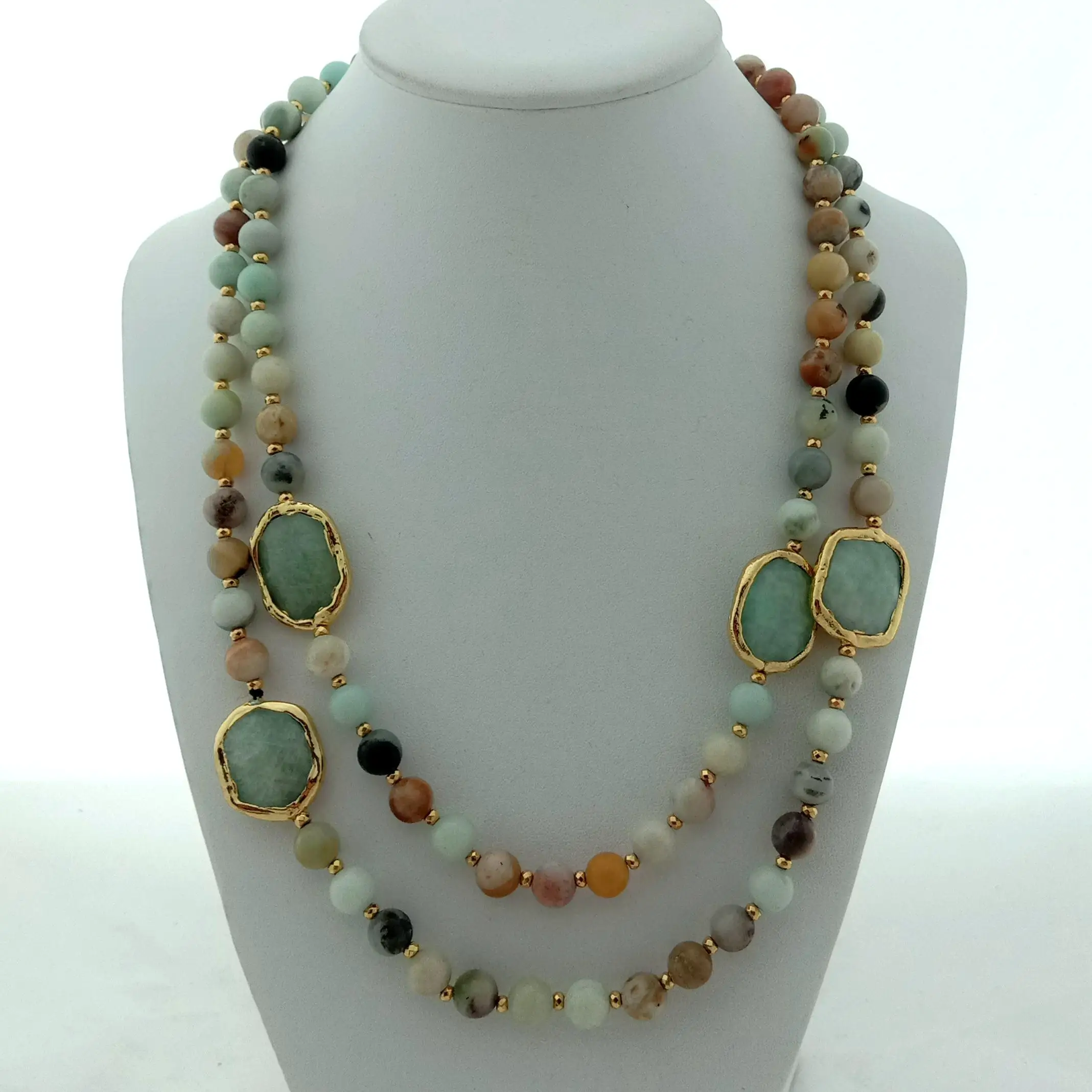 42'' 8mm Mixed Color Amazonite Gold Color Plated Amazonite Nugget Long Necklace Sweater Chain Necklace for Women