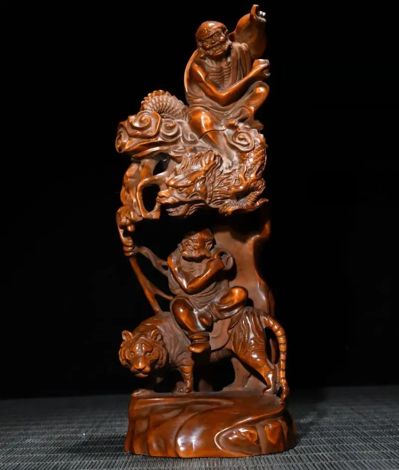 

Archaize seiko Hand-carved boxwood riding dragon riding tiger Arhat Buddha household decoration crafts statue