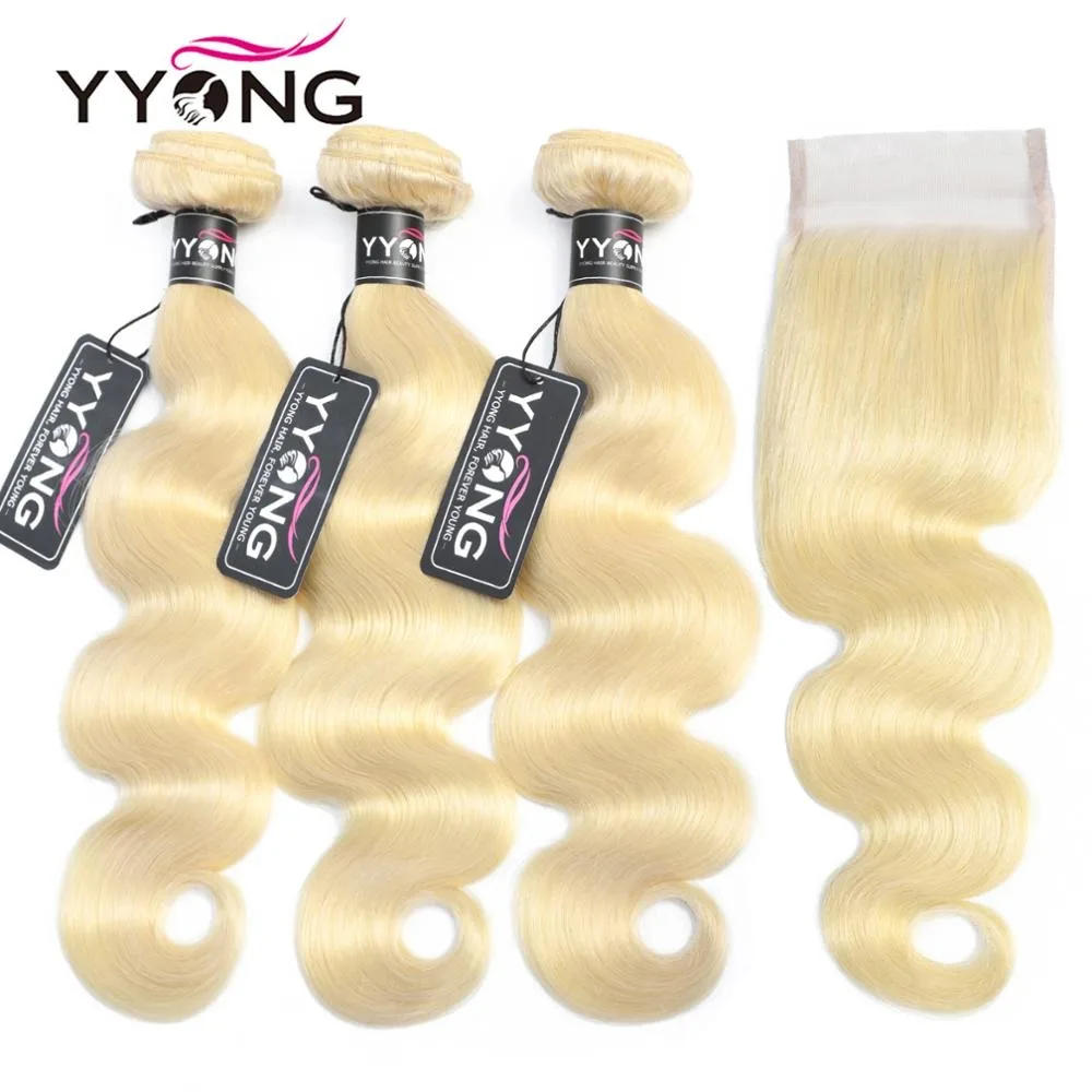 Yyong 613 Honey Blonde Bundles With Closure Brazilian Body Wave Remy Human Hair Closure With Bundles 3/4 Bundles With Closure