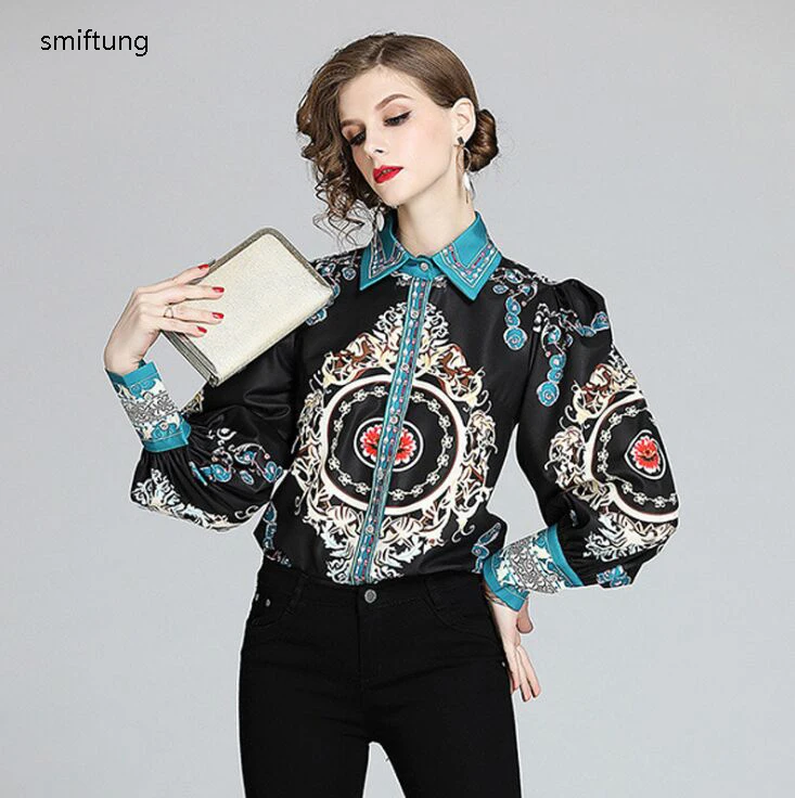 custom-made xu.shutan fashion women's vintage shirt / spring & autumn printing black shirt / long sleeve / lantern sleeve