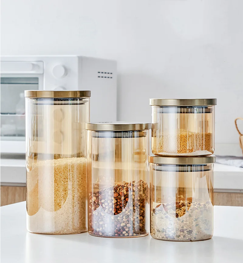 

Golden Transparent Glass Bottle with Lid Household Sealed Jar Candy Jar Kitchen Food Storage Jar Storage Bottle Grain Dispenser