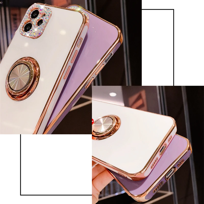 حامل هاتف مغناطيسي للسيارة حافظة كاميرا ماسية لهاتف آيفون 16 15 14 13 12 11 Pro Max X XR XS 7 8Plus غطاء مطلي بالذهب من حجر الراين