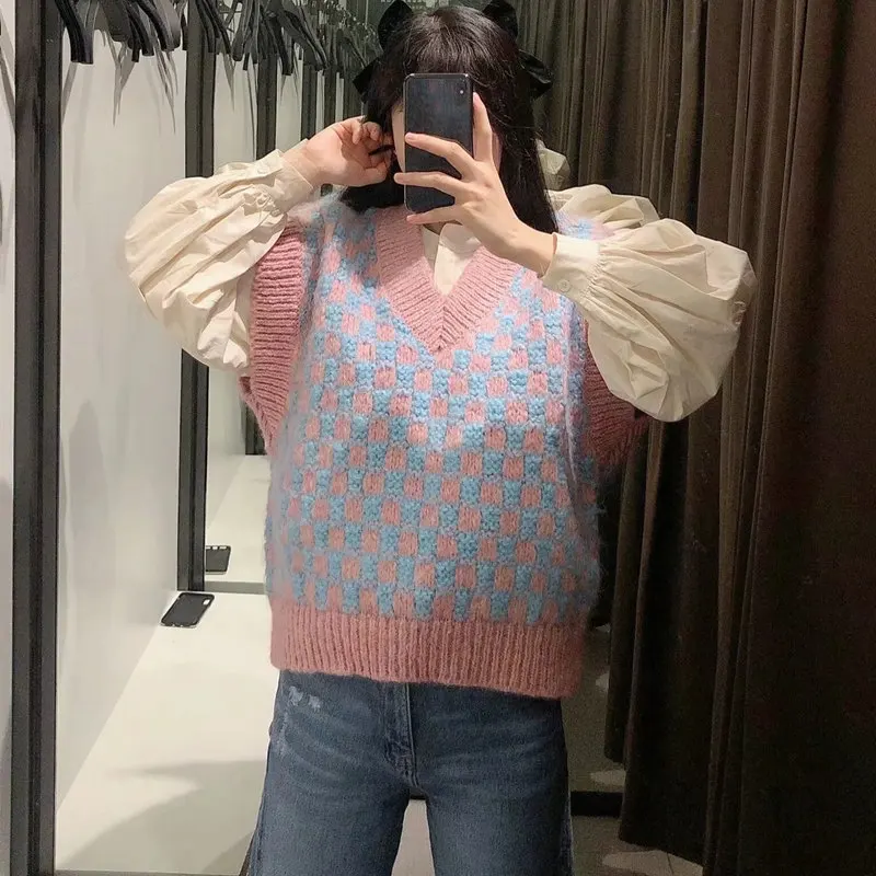 

Spring Autumn Acrylic Women's Sweater V-Neck Sleeveless Pullover Knitted Patchwork Plaid Vogue Casual Sweater