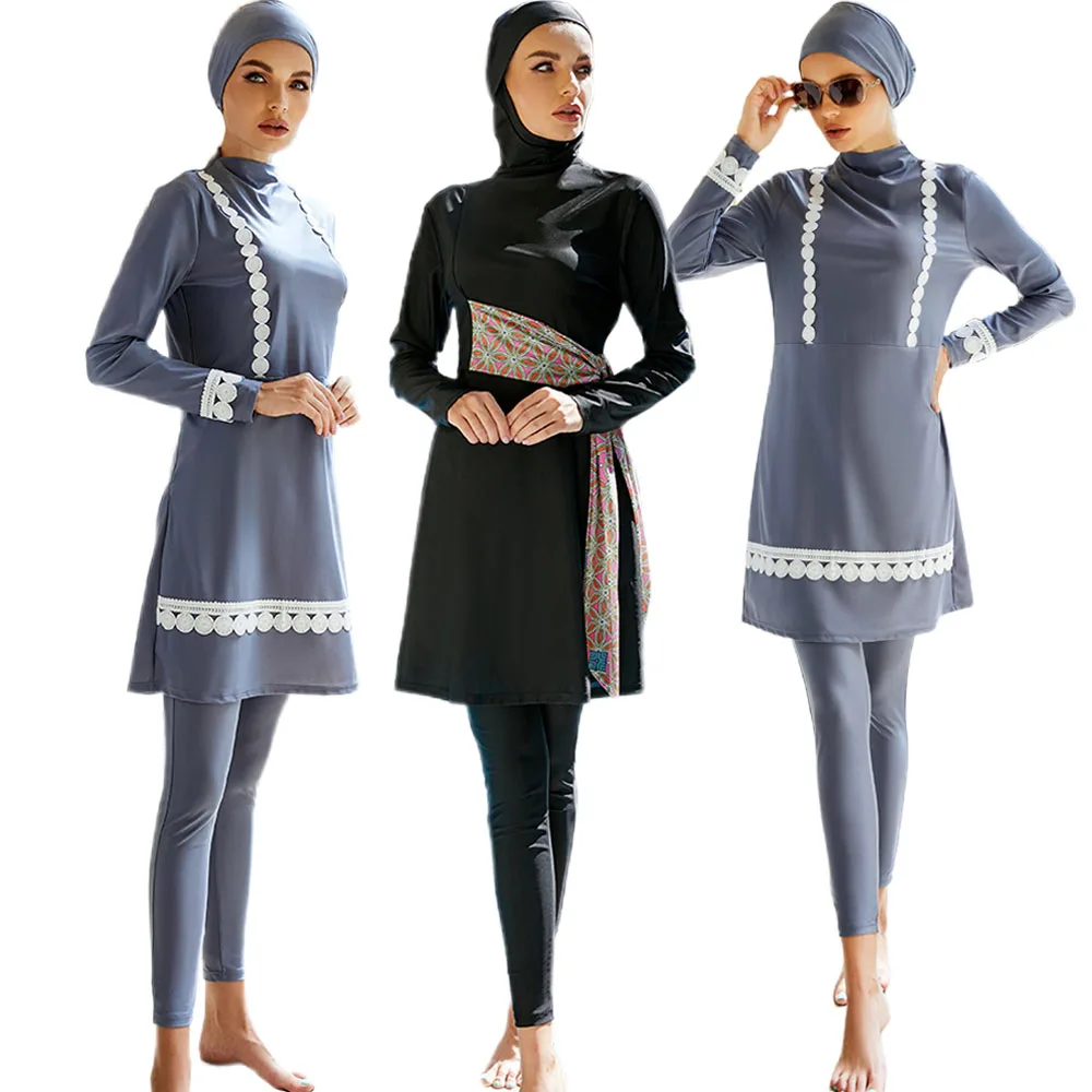 

2024 Women Muslim Swimsuit Burkinis Modest Clothing Islamic Long Sleeves Muslim Hijab Tops Pants 3 Pieces Full Cover Swimwears