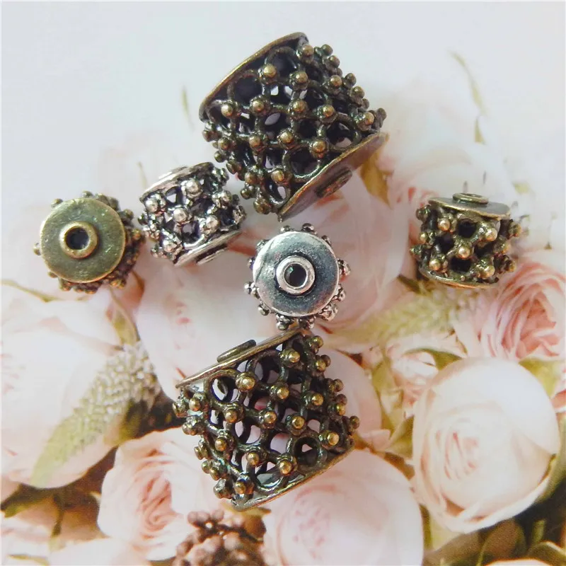 Julie Wang 6PCS Mixed Copper Drum Beads Vintage Punk Hollow Roller Spacer Beads Findings Bracelet Jewelry Making Accessory