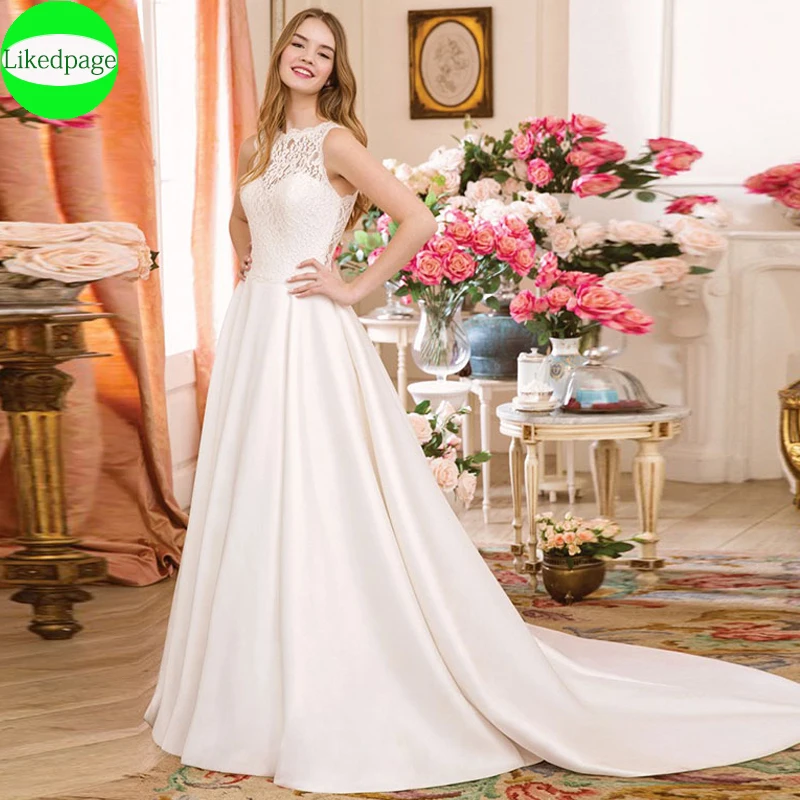 VÁY ĐẦM Simples Vestidos De Novia Ảo Giác Ren Một Đường Cô Dâu Bầu 2021 Áo Dây Mariage Abito Da Sposa Với túi