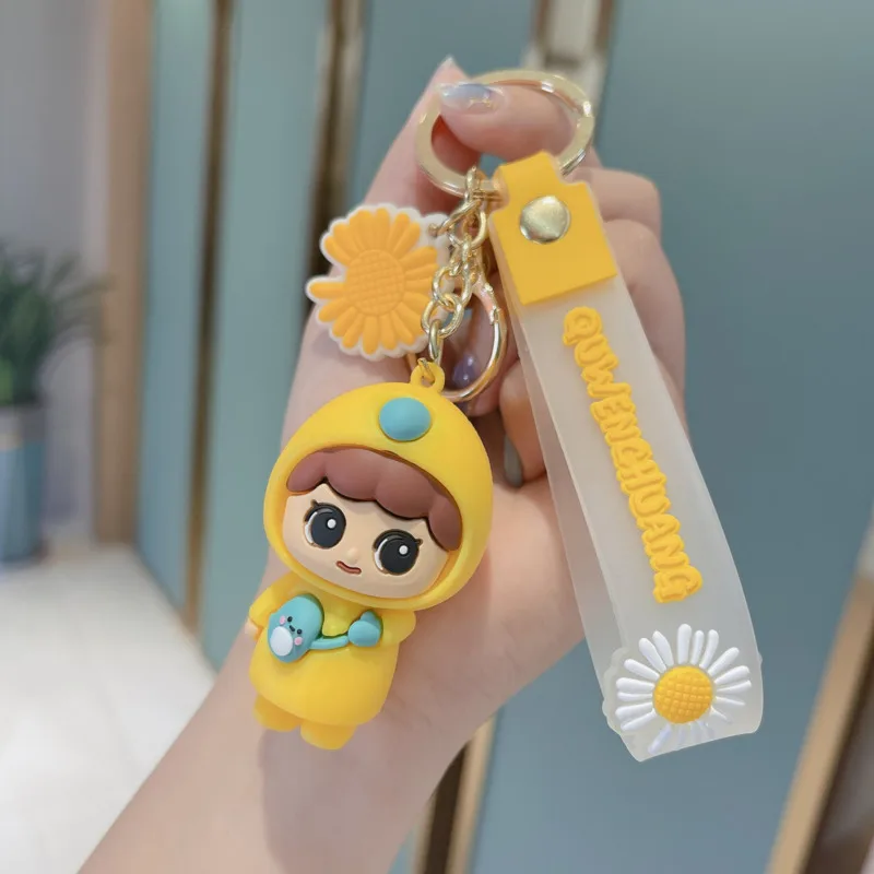 New PVC Cartoon Yellow Hat Girl Boy Keychain Car Keyring Bag Couple Pendant Soft Transparent Lanyard Doll Gift Stationery
