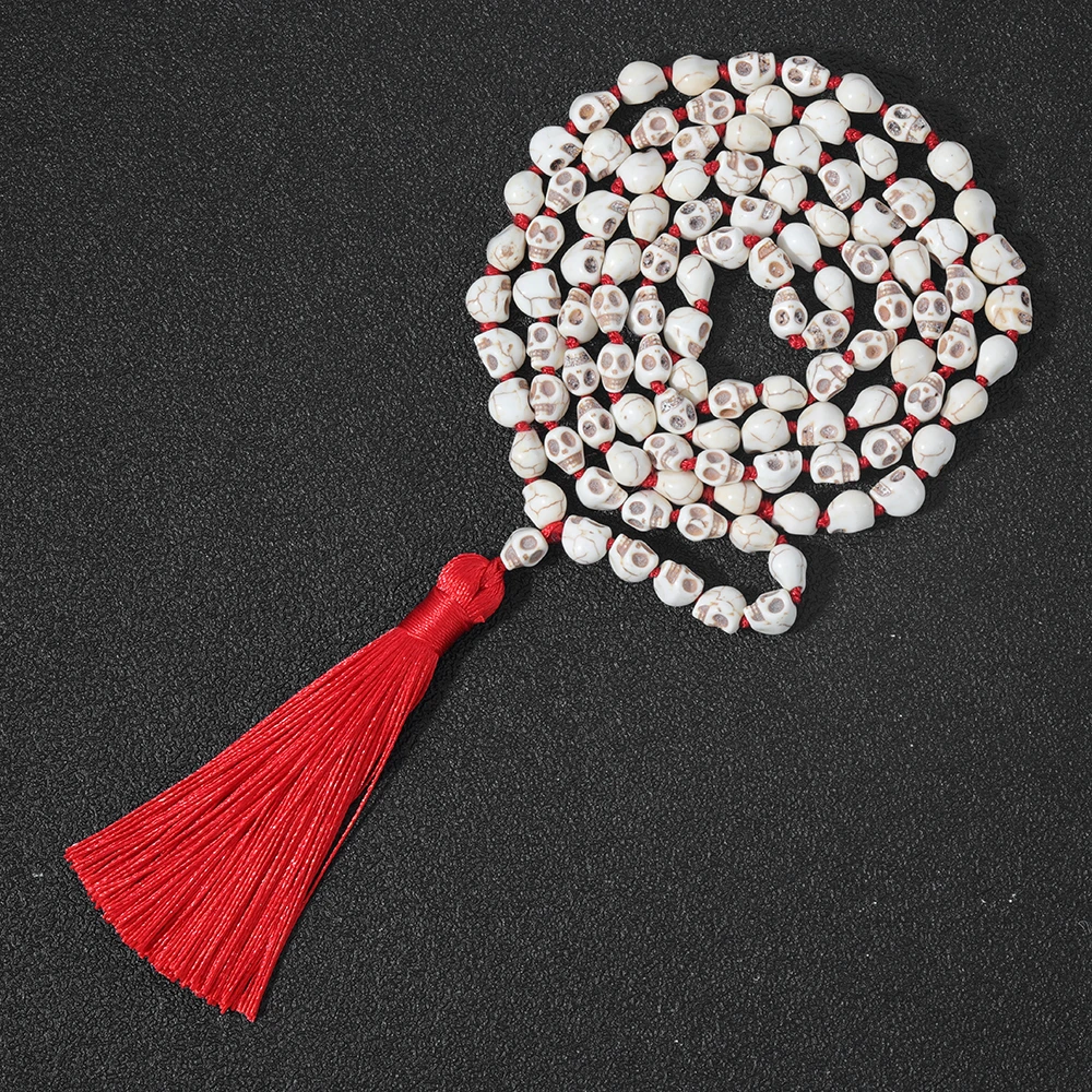 Non-Mainstream Men Sautoir Hot Lmitation Bone Skull Beaded Handmade Knot 108Mala Necklace Hip Hop Tassel Pendant Jewelry