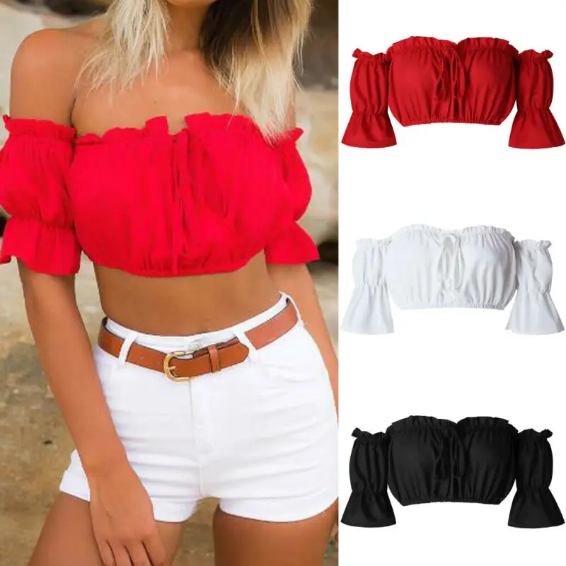 Summer 2019 Stylish Women Sexy Crop Tops Off Shoulder Solid Short Sleeve Crop Tops Bandeau Tops