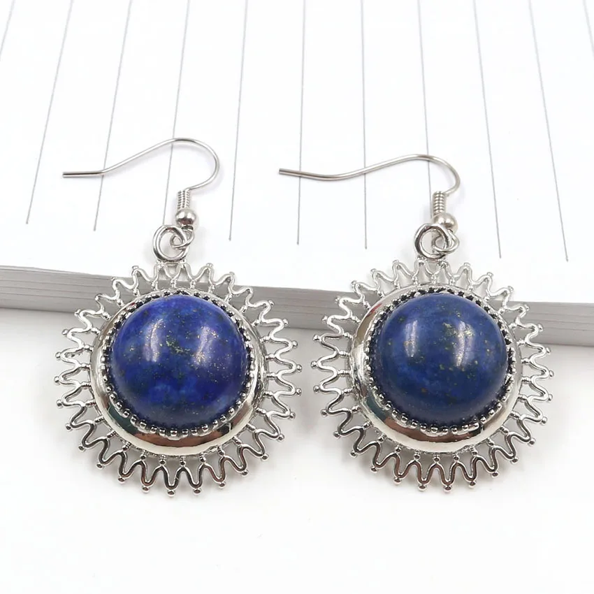 

FYSL Silver Plated Lapis Lazuli Round Cabochon Dangle Earrings for Women Green Aventurine Trendy Jewelry