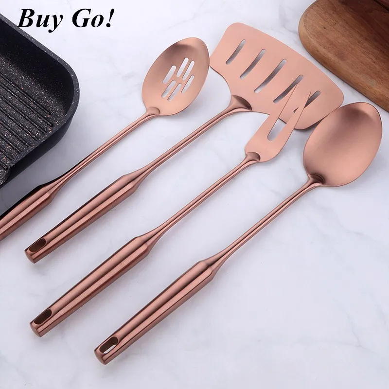 1Pc Rose Gold Cooking Tools Long Handle Kitchen Gadgets Metal Slotted Turner Ladle Stainless Steel Kitchen Accessories Utensil