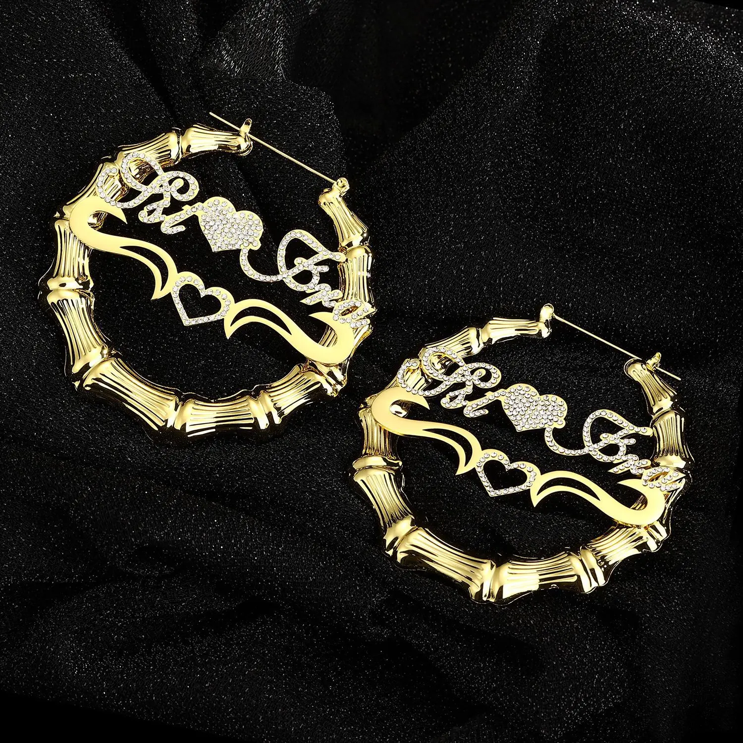 Customized Name Earrings With Diamond Heart Name Hoop Earring Personalised Letter Stainless Steel Circle Bling Name Earrings