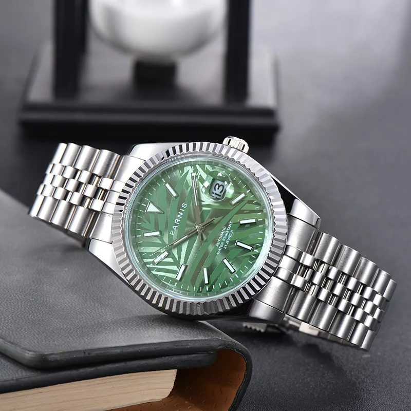 Imagem -02 - Parnis-relógios Masculinos Personalidade Verde Dial Calendário Sapphire Cristal Relógio Mecânico Automático Top Brand Miyota 8215 2023