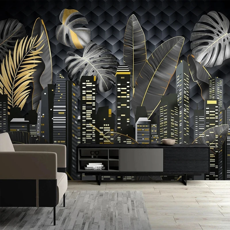 Sticke For Wardrobe Photo Wallpaper 3D Stereo City Building Plants Leaf Mural papel pintado Home Decor Papel De Parede Sala 3 D