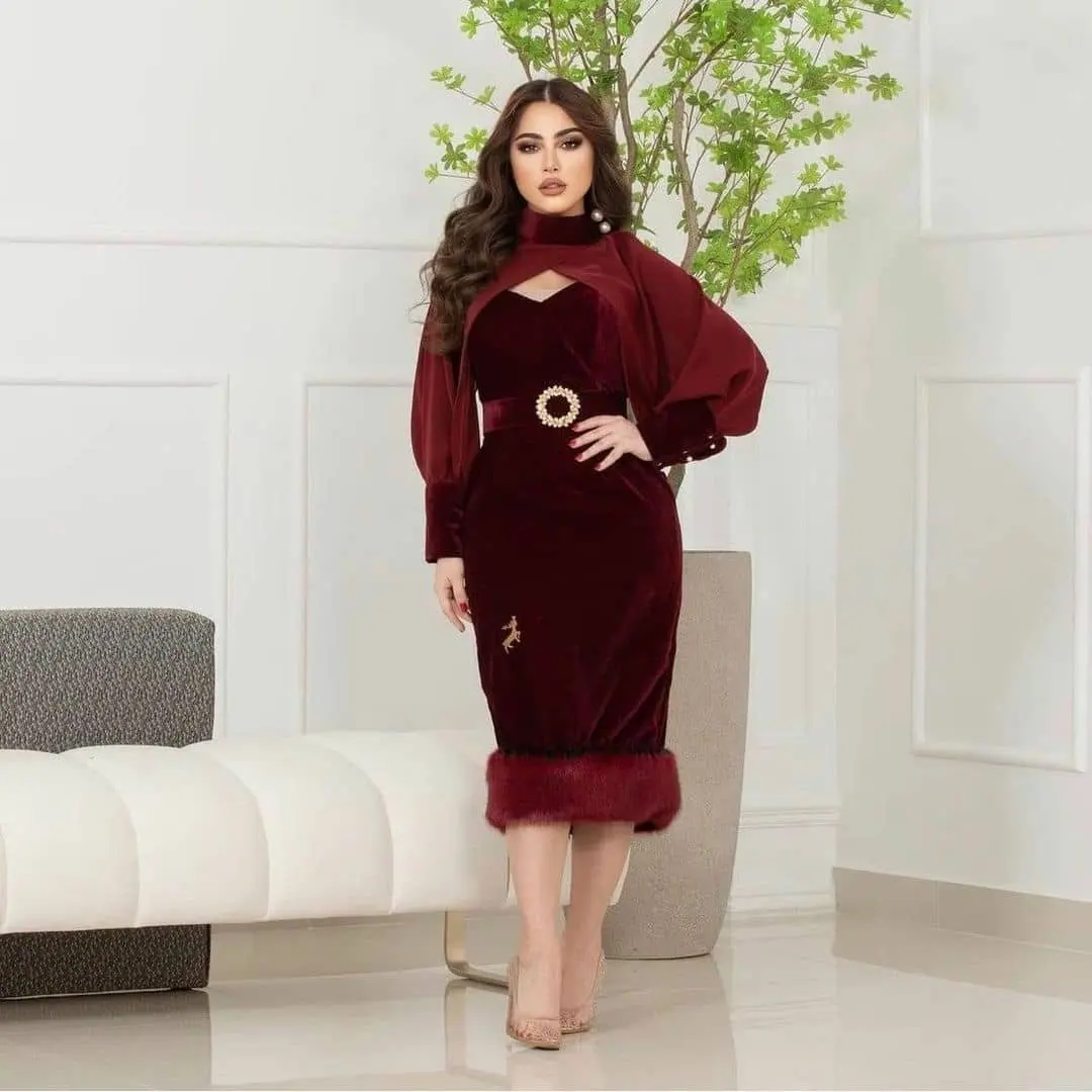 

Thinyfull Sexy Prom Dresses Long Sleeve Tea Length Evening Dress Party Dress Velvet 2022 Celebrity Cocktail Night Gown Plus Size