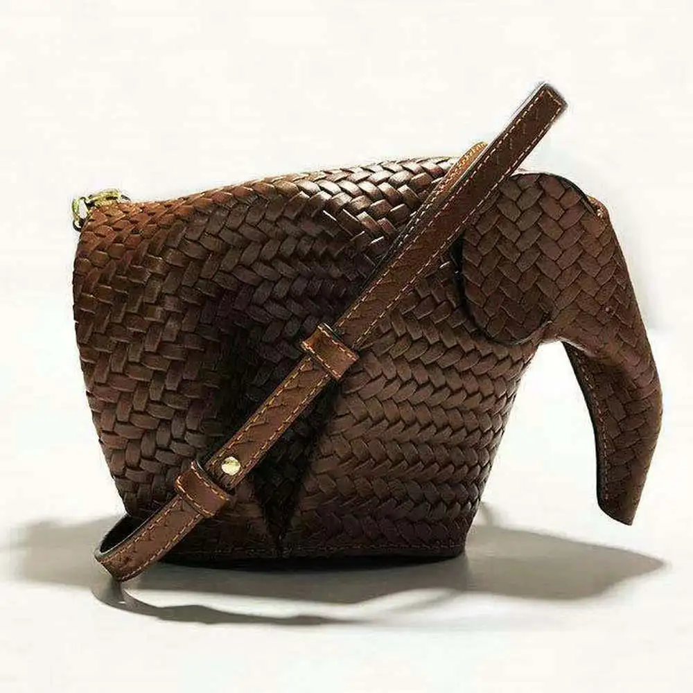 Woven Elephant Crossbody Bag Genuine Leather Charm Women Customized Cute Knitted Animal Shaped Coin Purse Unique Messenger