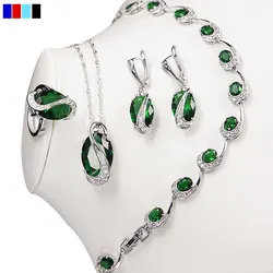 Green Emerald 925 Sterling Silver Jewelry Sets For Women Sapphire Topaz Garnet Bracelet Necklace Earrings Ring Pendant