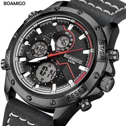 BOAMIGO Fashion Mens Watches for men Military Digital analog Quartz Chronograph sport Watch waterproof leather LED  reloj hombre