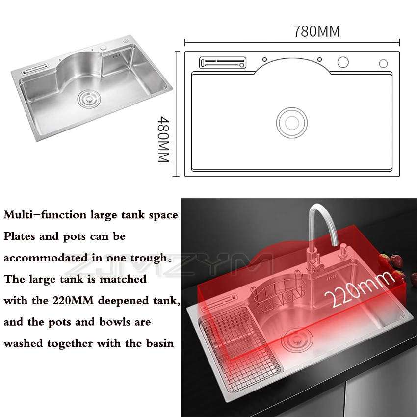 Pia da cozinha multifuncional pia do aço inoxidável 1.2mm de espessura escovado tigela única 780mm * 480mm * 220mm