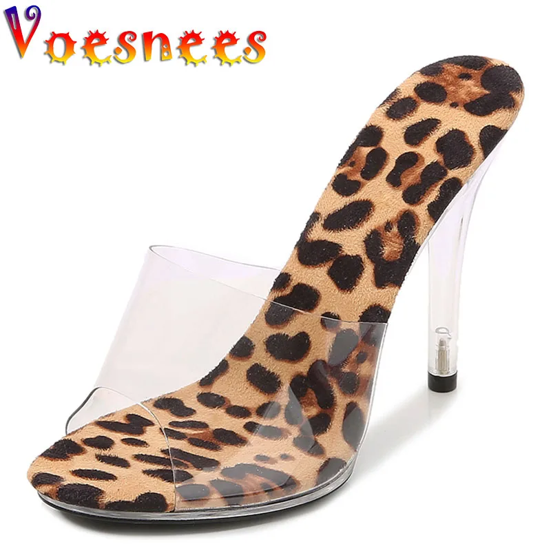 2022 Summer Women Shoes New Fashion Leopard Print Slippers Crystal Open Toed Sandals Women Sexy Transparent Heel 11cm High Heels