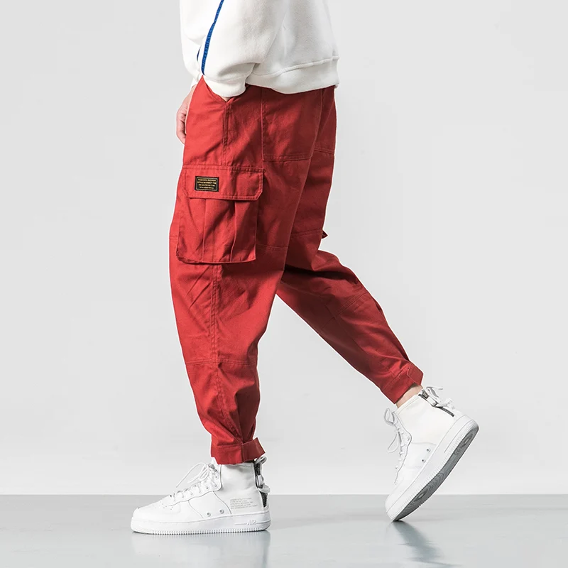 

Cotton Men Multi Pocket Elastic Waist Design Harem Pant Street Punk Hip Hop Red Casual Trousers Joggers Male Army Cargo Pants