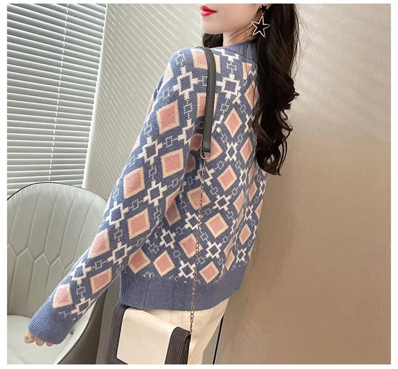 Sweter Kardigan Motif Wanita 2021 Atasan Lengan Panjang Baru Mantel Longgar Kasual Pakaian Fashion Gaya Korea Sweter Leher V