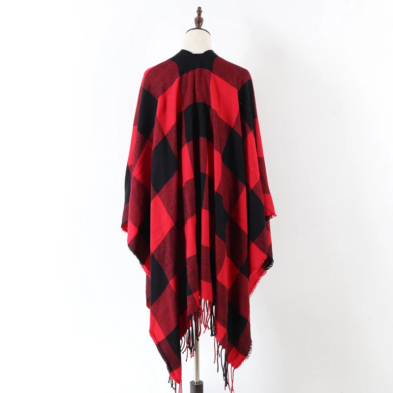 New Hot Winter Design Women Red Buffalo Plaid Blanket Poncho Cape Oversize Shawl Stole