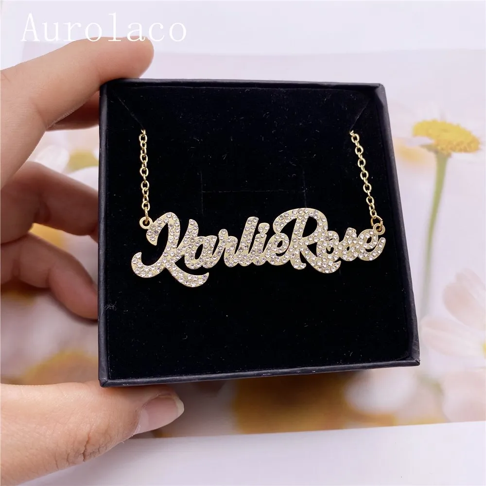 

AurolaCo Custom Name Necklaces with Rhinestone Pendant Letters Necklace for Women Personalized Chain Jewelry Gift