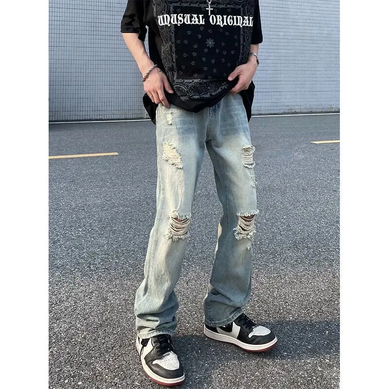 Summer Washboard Destroy Wash Hole Jeans Streetwear Men Pasted Cloth Plaid Pants Slim Fit Thin Ripped Jeans Elastic Beggar Pants